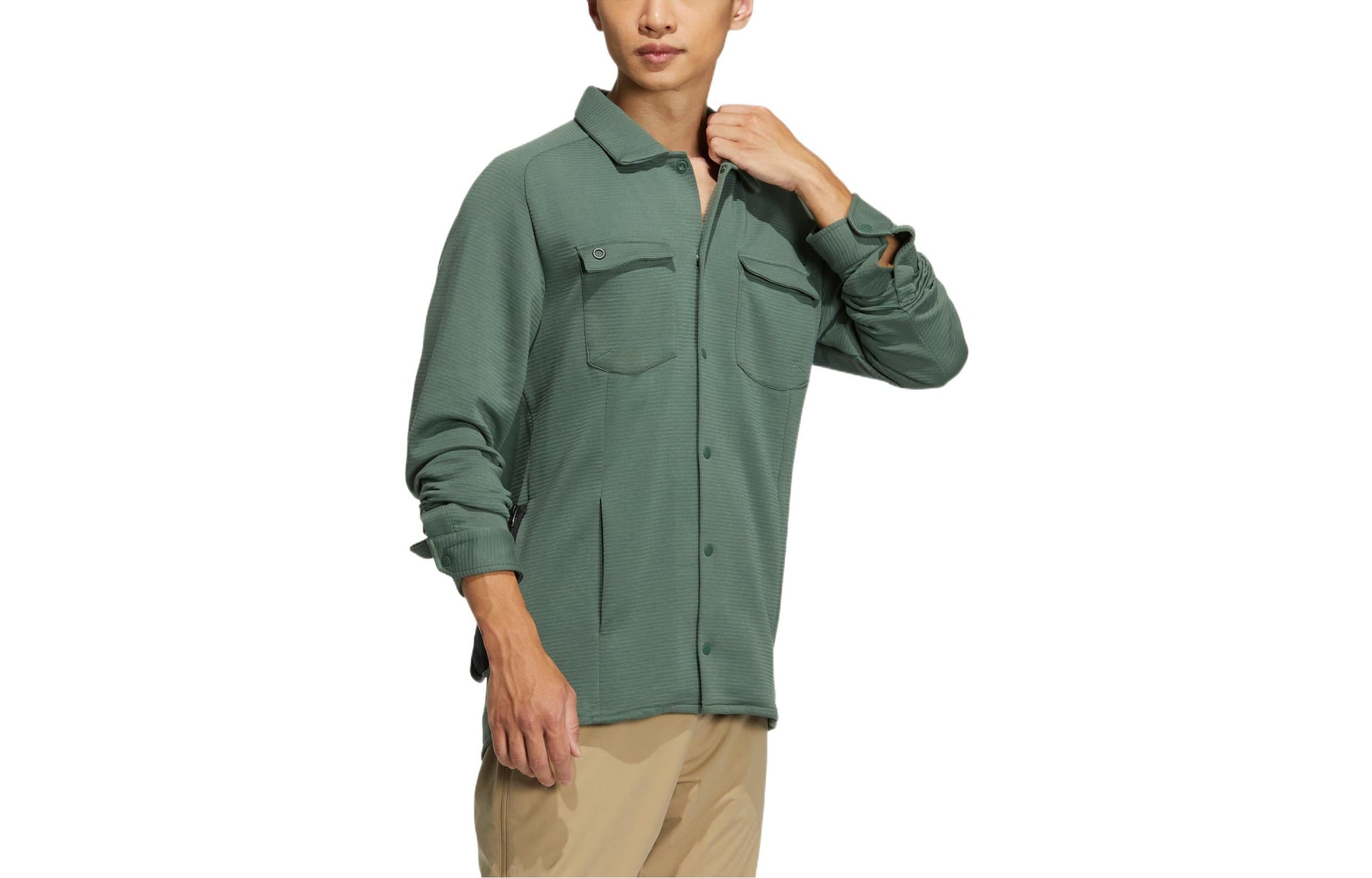 Men's adidas Solid Color Pocket Lapel Long Sleeves Light Green Shirt HG3239