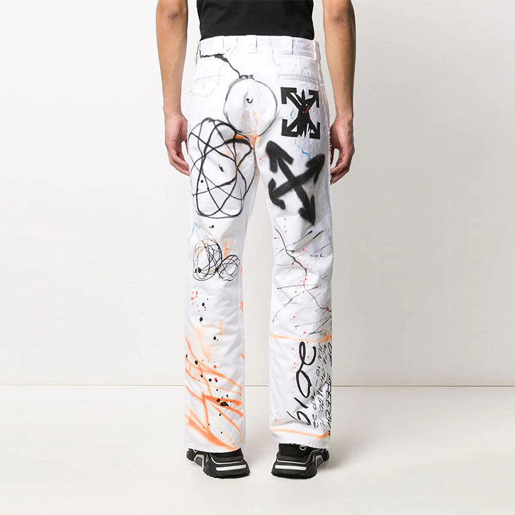Men's Off-White FW22 Graffiti Printing High Waist Straight Casual Pants/Trousers Version White OMYA075S20D050510188