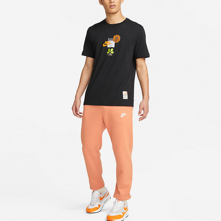 Men's Nike Logo Plant Pattern Printing Round Neck Casual Short Sleeve Black T-Shirt DQ1034-010