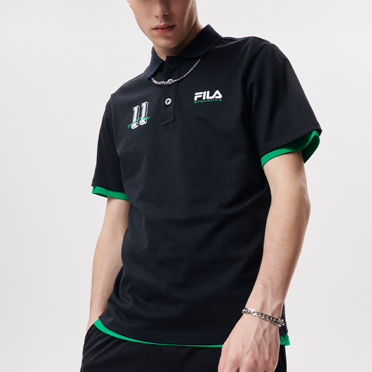 Men's FILA FUSION Baseball Sports Printing Short Sleeve Dark Black Polo Shirt T11M132102F-BK