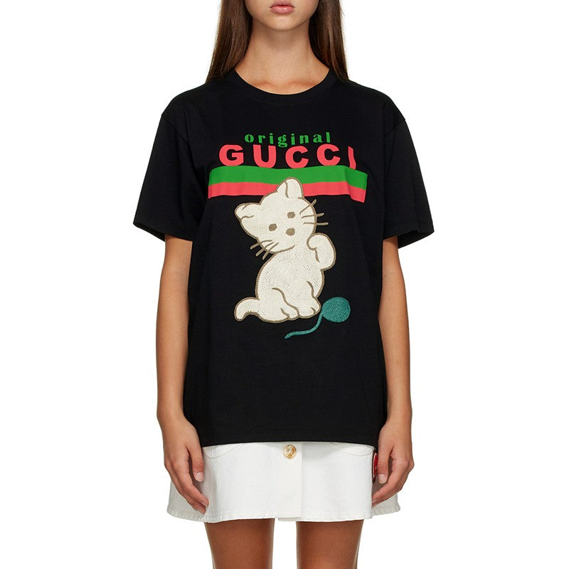 (WMNS) Gucci Cat Alphabet Cartoon Round Neck Pullover Short Sleeve Black 615044-XJCRG-1082