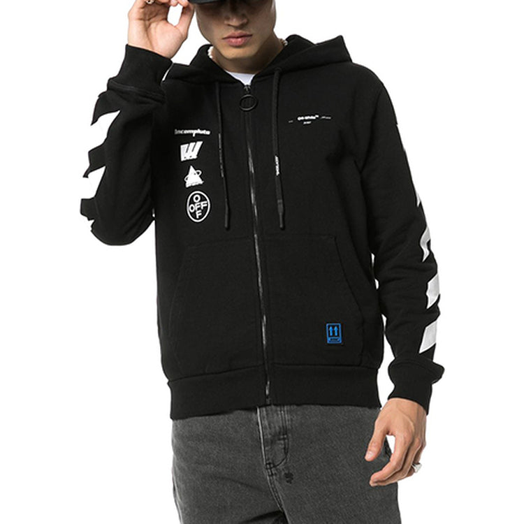 Off-White Printing hooded Zipper Jacket Black OMBE001E19E300051088
