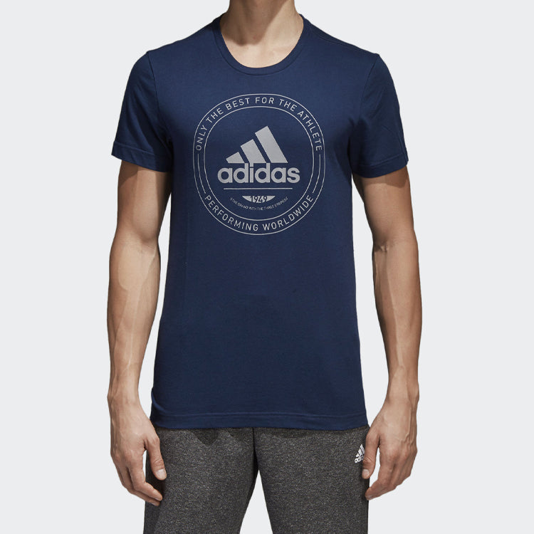 adidas Logo Printing ribbed Round Neck Short Sleeve Blue CV4517