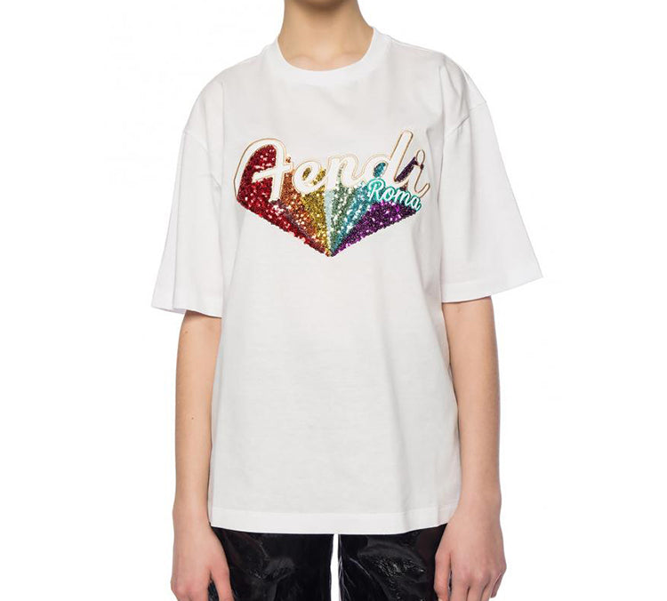 FENDI Sequin With Logo Short Sleeve White FS7011-A5HU-F0ZNM