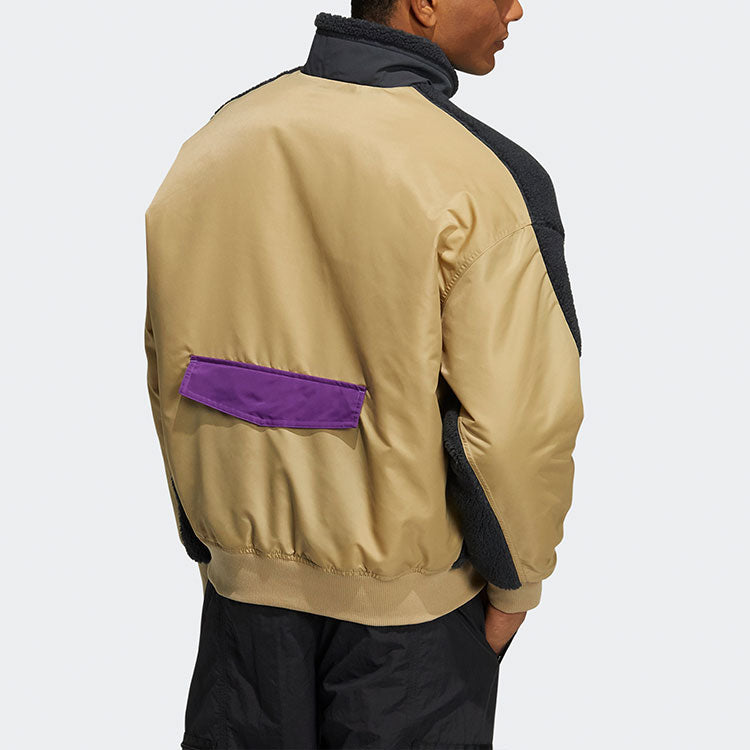 Men's adidas originals Mr Sherpa Jkt Suede Splicing Stand Collar Logo Sports Jacket Black HC0374