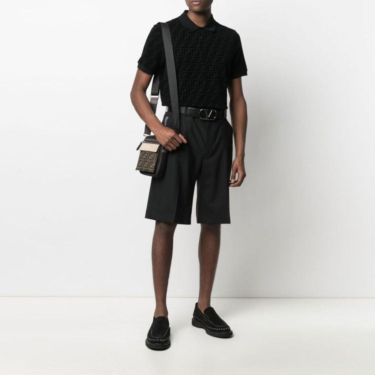 Men's FENDI FF Alphabet Dark Pattern Printing Short Sleeve Black Polo Shirt FY0985A7D5F0ABB
