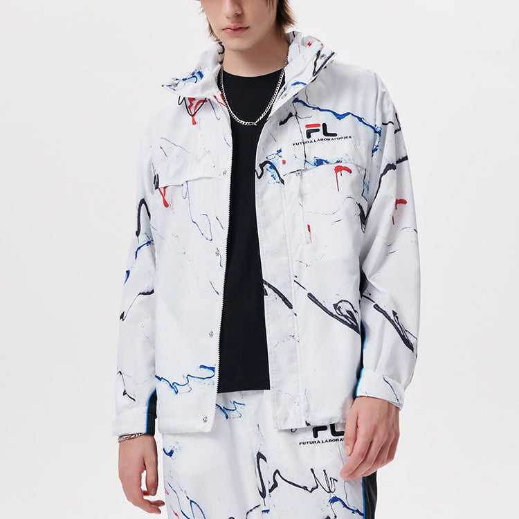 Men's FILA FUSION x FUTURA Crossover Splash Ink Full Print Woven Sports Hooded Jacket White T11M138704F-WT