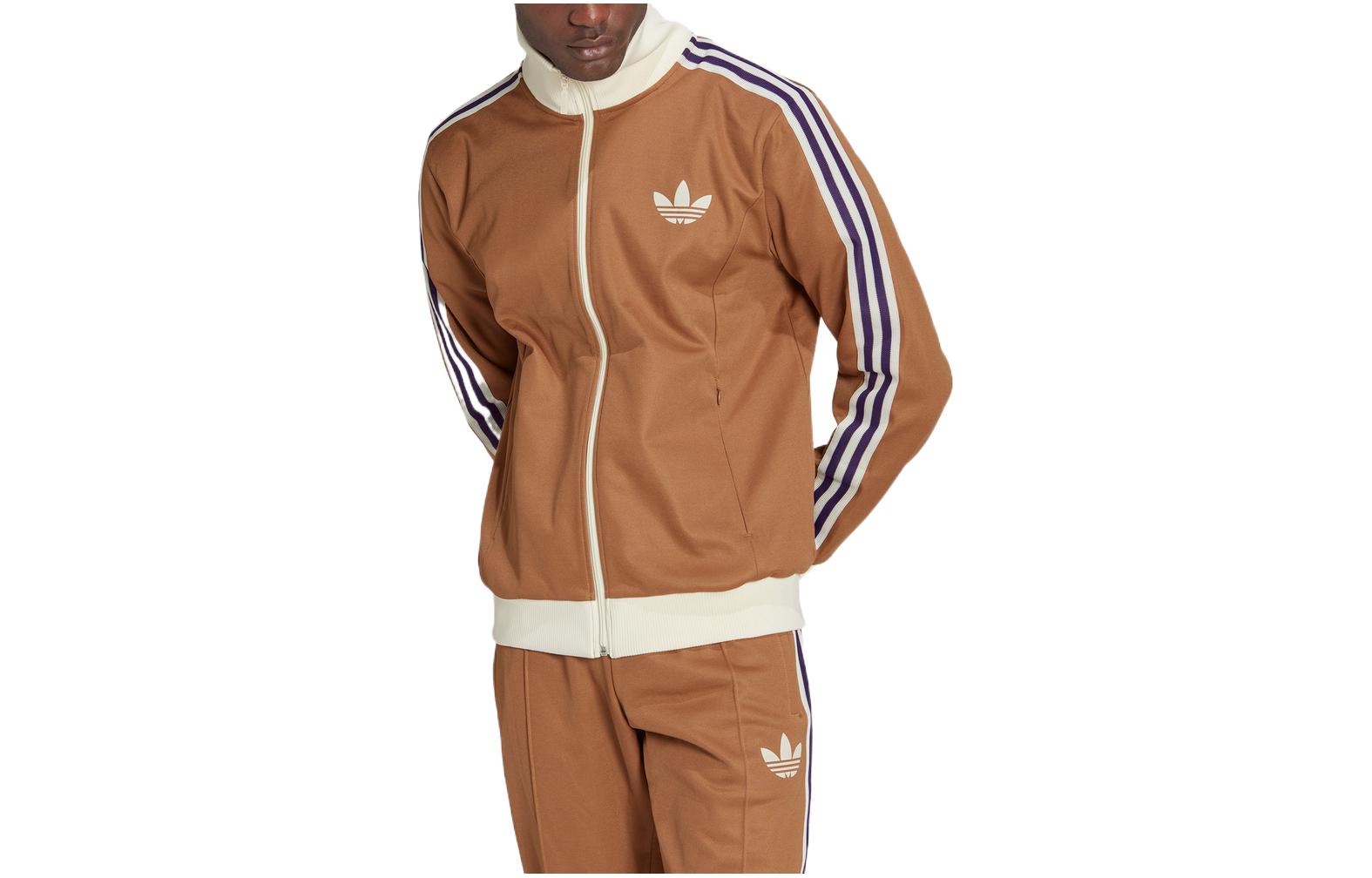 Men's adidas originals Brand Logo Printing Zipper Classic Sports Jacket Autumn Brown IB3427
