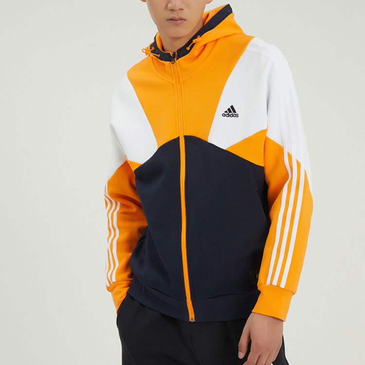 Men's adidas Stripe Splicing Logo Printing Zipper Hooded Jacket Autumn Black HE7471