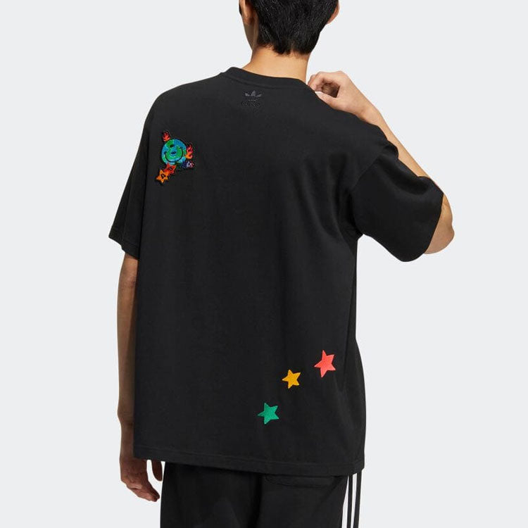 adidas Logo Cartoon Pattern Embroidered Round Neck Short Sleeve Black T-Shirt HM8041