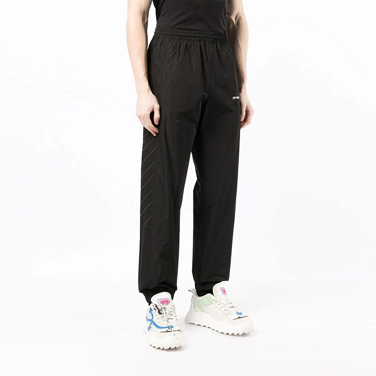 Men's Off-White SS22 Logo Printing Diagonal Stripes Bundle Feet Sports Pants/Trousers/Joggers Black OMCJ015C99FAB0011010