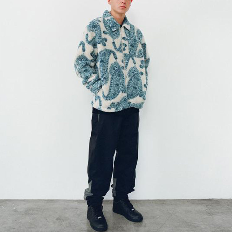 Men's Stussy Zipper Large Pattern Plush Long Sleeves Jacket White 118399