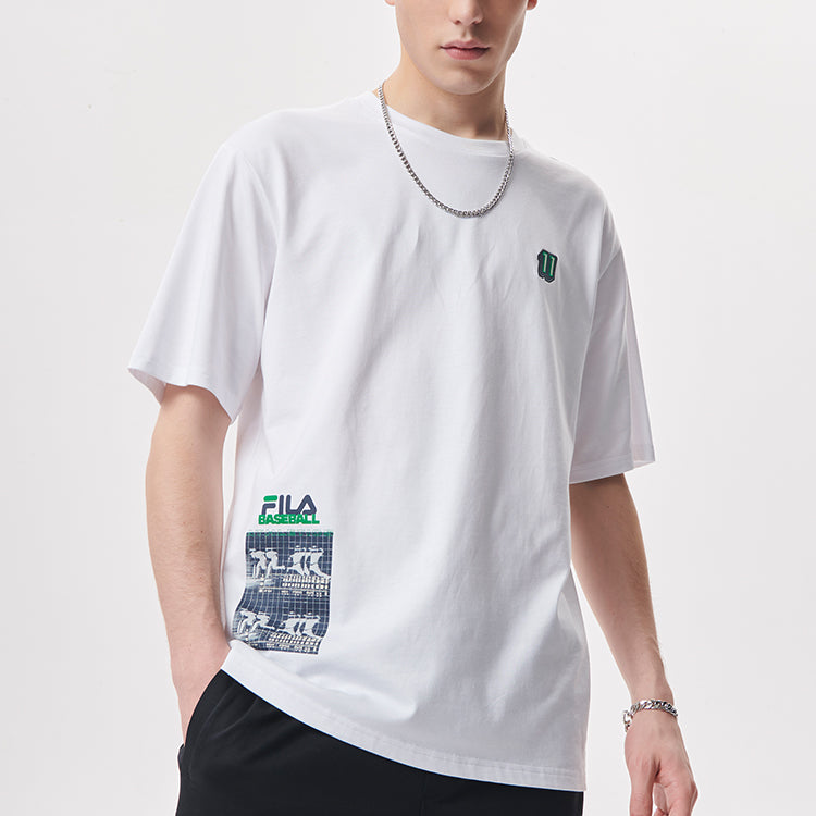 Men's FILA FUSION Subject Pattern Printing Knit Loose Sports Short Sleeve White T11M132106F-WT
