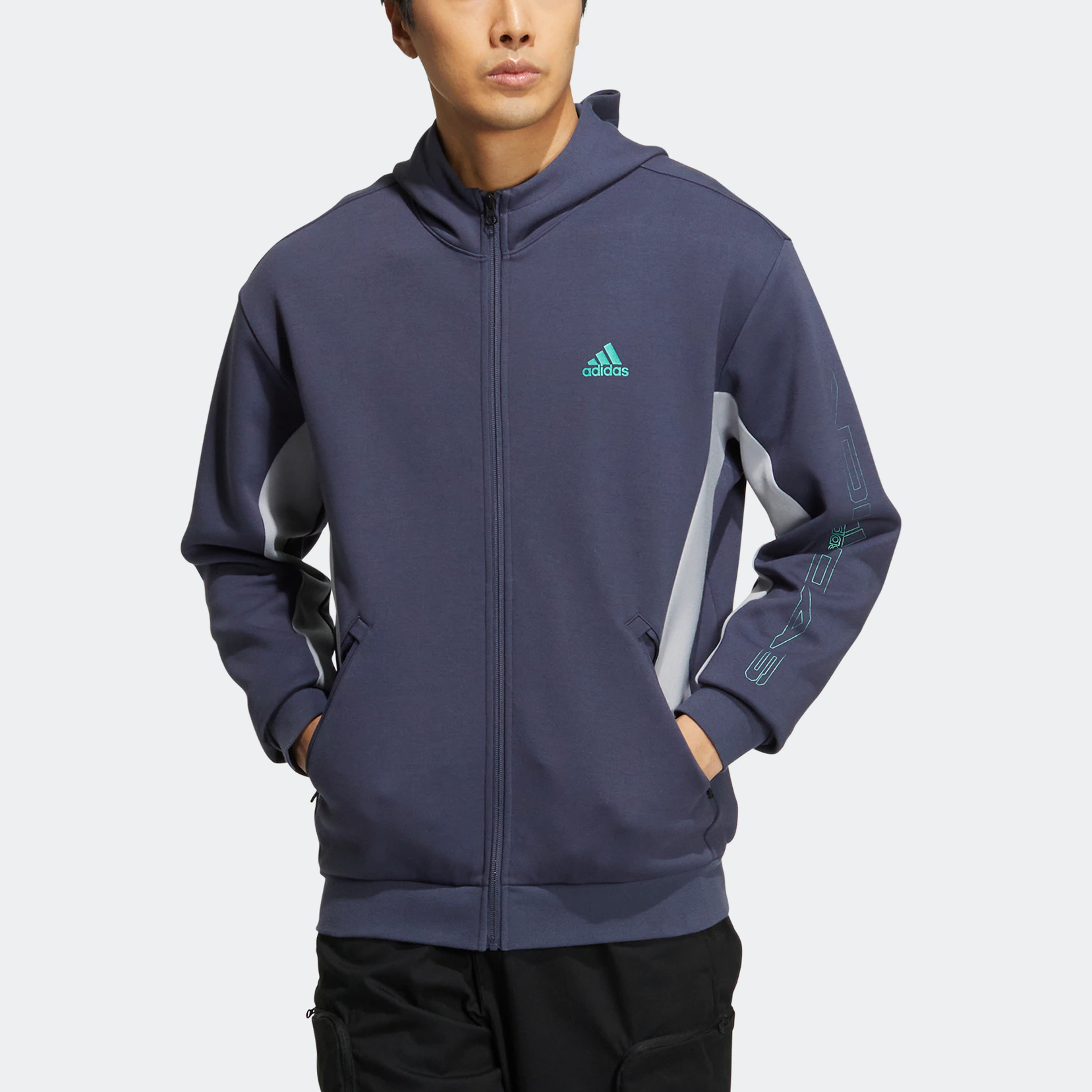 Men's adidas St Blok Knjkt Chest Brand Logo Embroidered Hooded Track Jacket Blue HM5145