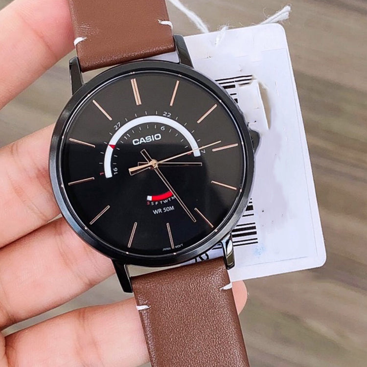 Men's CASIO Dress Series Waterproof Quartz Black Dial 43mm Leather Strap Watch Mens Brown Analog MTP-B105RL-1AV