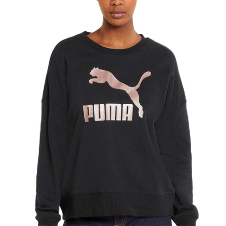 (WMNS) PUMA Large Logo Printing Round Neck Pullover Hoodie Black 535276-01