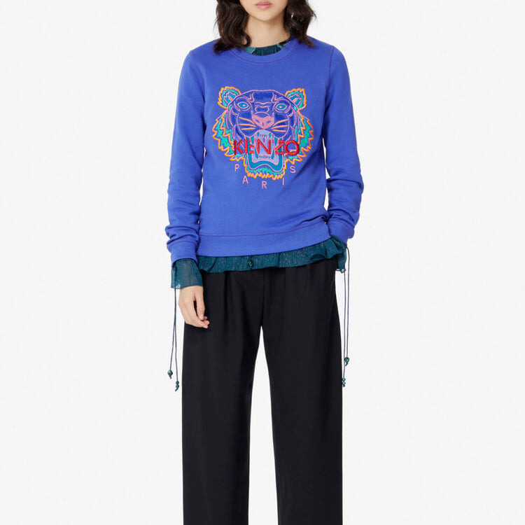 (WMNS) KENZO Embroidered Tiger Head Round Neck Blue Hoodie F962SW7164X7-80