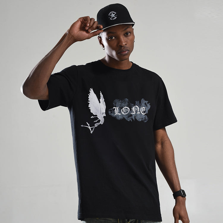 VLONE Smoke Demon Angel Pattern Alphabet Logo Short Sleeve Couple Style Black VLTE2001BK