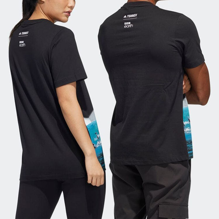 adidas Landscape Pattern Printing Round Neck Pullover Short Sleeve Black T-Shirt HE5193