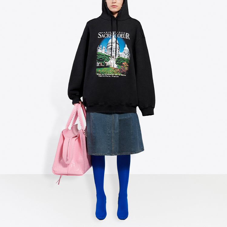 (WMNS) Balenciaga Classic Printing Loose Hoodie Black 641529TJVH91000