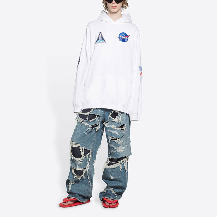 Men's Balenciaga x NASA FW21 Crossover Logo Cotton Classic hooded Loose Long Sleeves White 651799TKVD89040