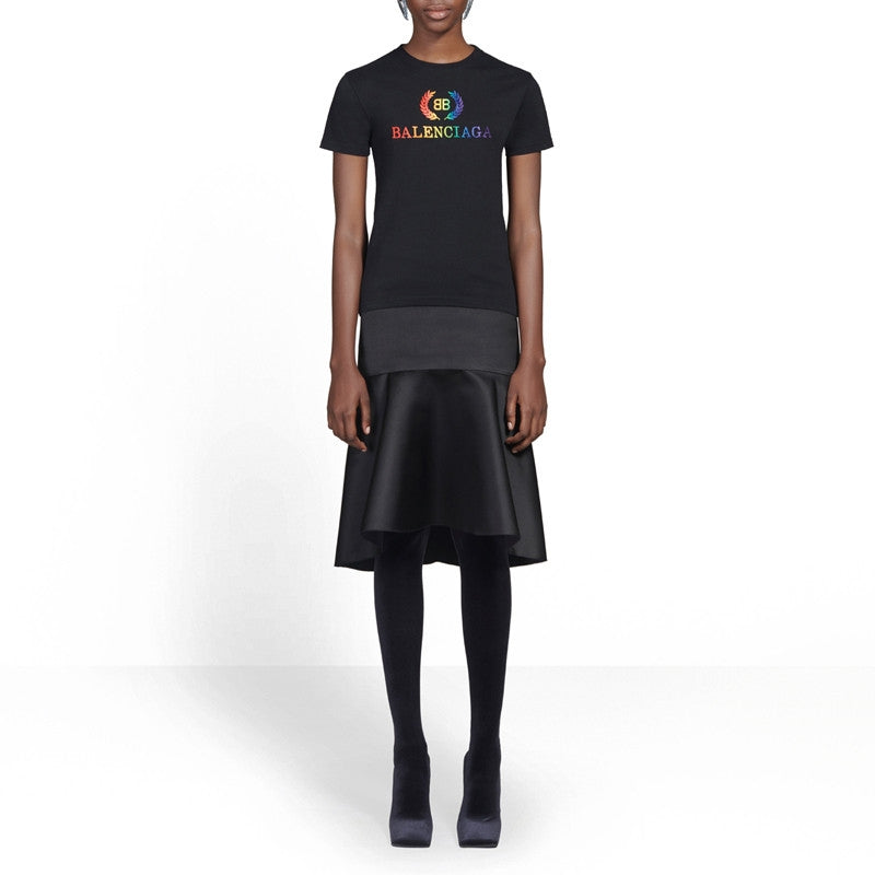 Balenciaga Rainbow Gradient Logo Round Neck Short Sleeve Black 570814TEV531000