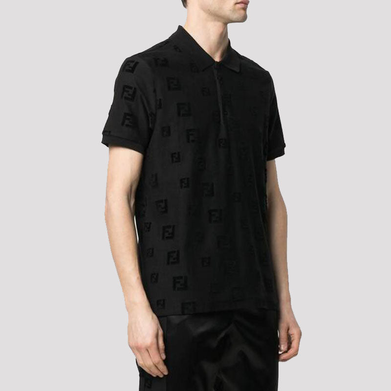 Men's FENDI SS21 FF Pattern Cotton Short Sleeve Polo Shirt Black FAF572AE15F0GME