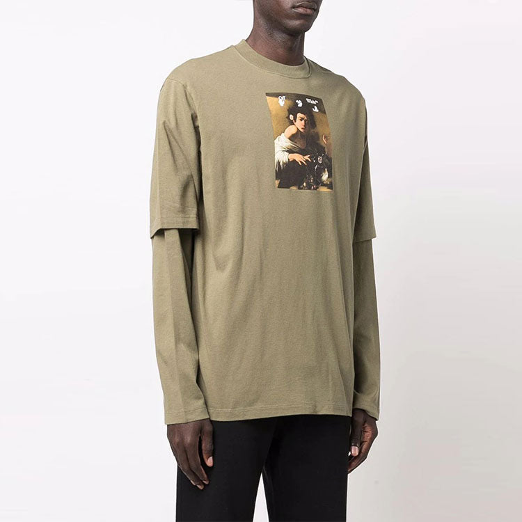 Men's Off-White Caravaggio Boy Printing Long Sleeves Loose Fit Military Green T-Shirt OMAB066F21JER0075584