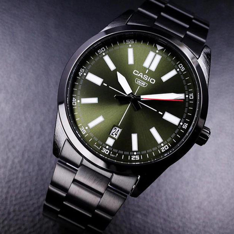 Casio Dress Pointer Display Analog Watch 'Metallic Black Green' MTP-VD02B-3E