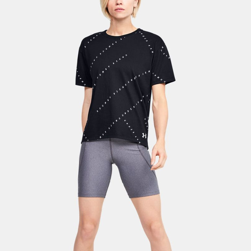 (WMNS) Under Armour Logo Live Training Sports Printing Short Sleeve Black 1355708-001