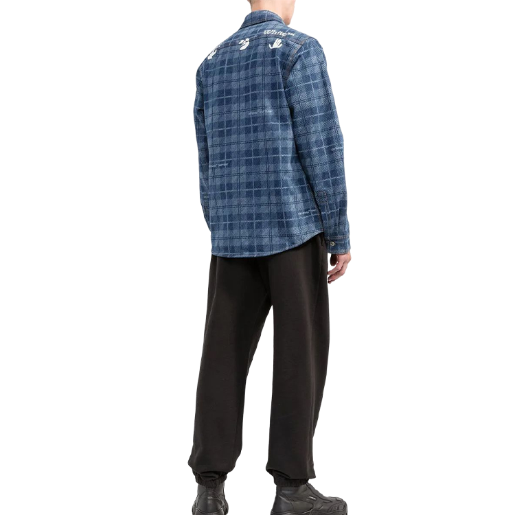 Men's Off-White SS22 Plaid Back Logo Printing Single Breasted Long Sleeves Ordinary Version Blue Shirt OMYD027G20DEN001450