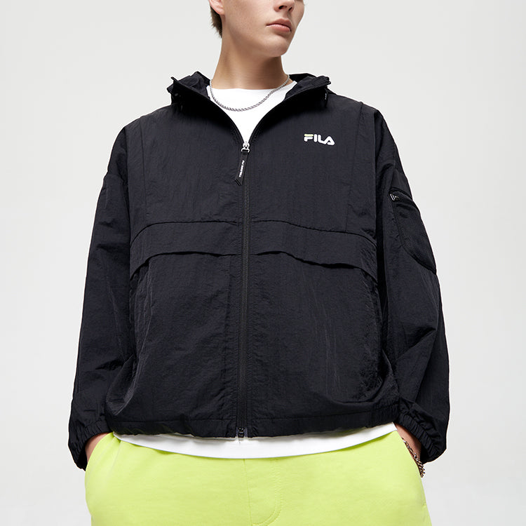 Men's FILA FUSION Thin and light Woven Loose Hooded Jacket Black T11M125704F-BK