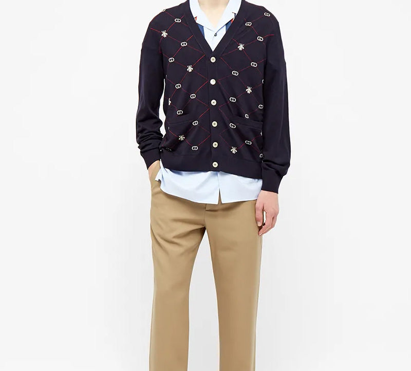 Gucci GG Jacquard and Bee Cardigan Navy 597741-XKA4I-4206