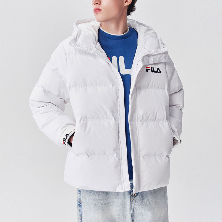 Men's FILA Contrasting Colors Logo Short Hooded Down Jacket White F51M048920F-WT