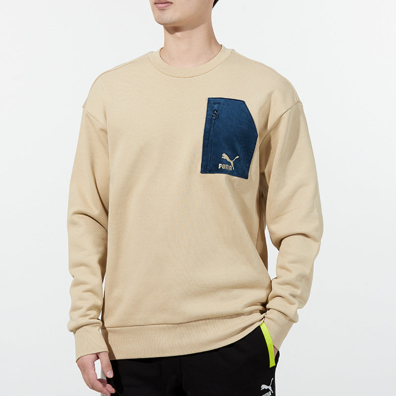 PUMA Contrasting Colors Zipper Pocket Sports Round Neck Pullover Khaki 535130-12