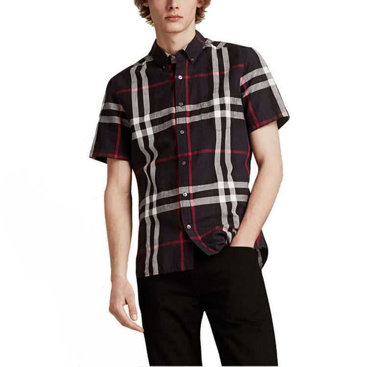 Men's Burberry Plaid Short Sleeve Shirt Navy Blue 40154301