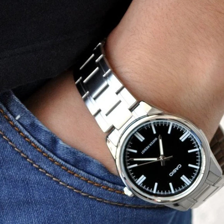 Casio Dress Minimalistic Stainless Steel Analog Watch 'Black Silver' MTP-V005D-1B22021