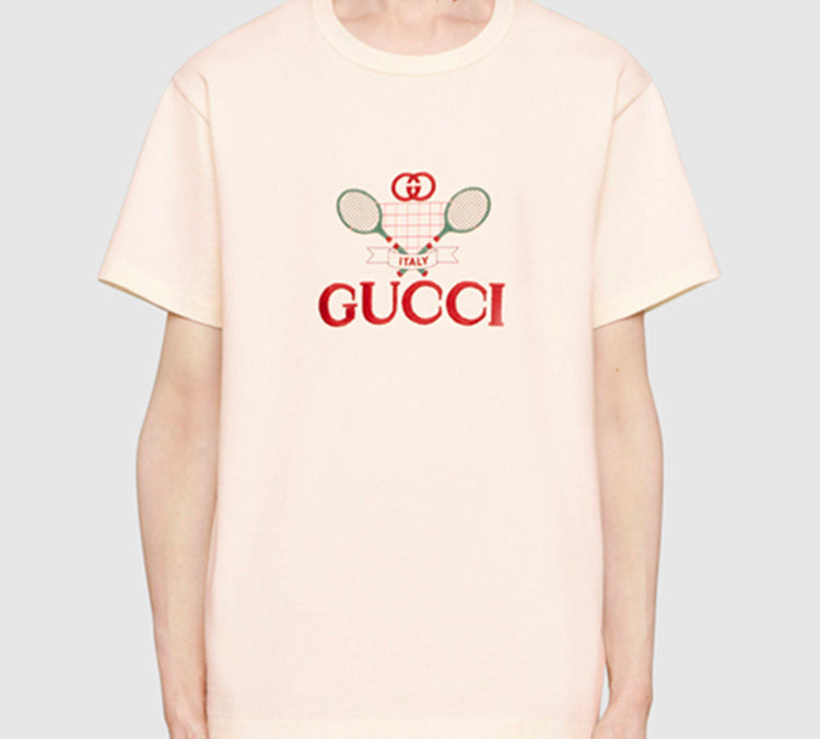 Gucci Men's Tennis Printed Oversized Retro Short Sleeve White 548334-XJBLE-7136
