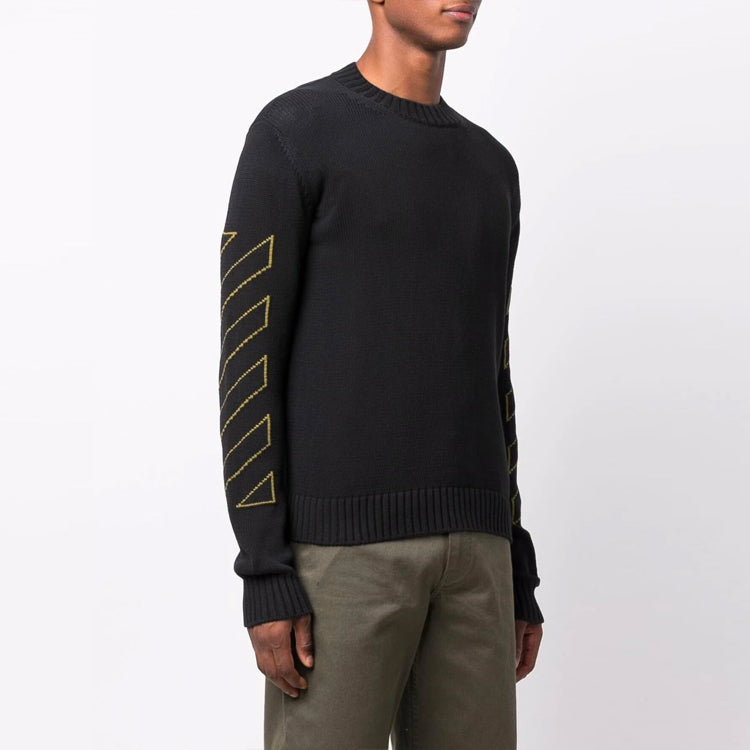 Men's Off-White FW21 Intarsia Pattern Long Sleeves Pullover Wool Sweater Black OMHE087F21KNI0011055