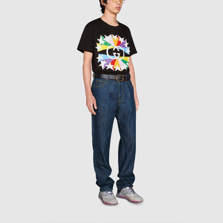 Men's Gucci FW21 Interlock Double G Printing Cotton Short Sleeve Black T-Shirt 548334-XJDNH-1082