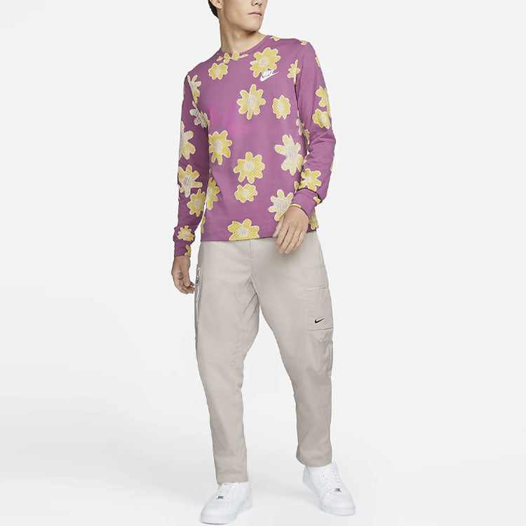 Men's Nike SS22 Flowers Logo Printing Round Neck Long Sleeves Wine Red T-Shirt DM6336-507