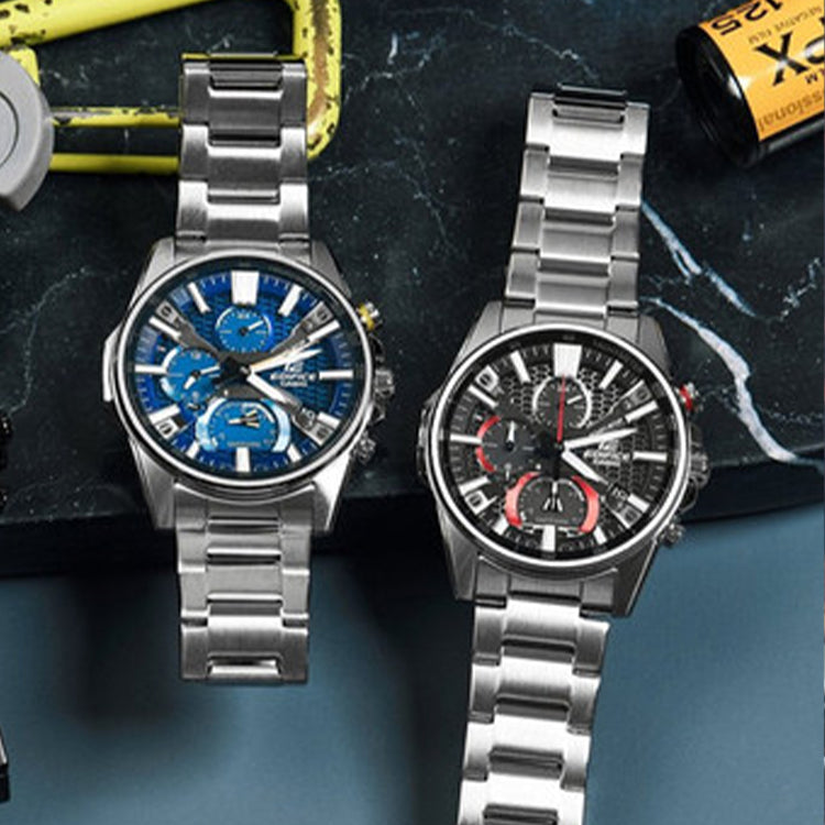 Men's CASIO Black quartz Watch 50mm Silver Stainless Steel Case Strap Mens Analog EQB-1200D-1A