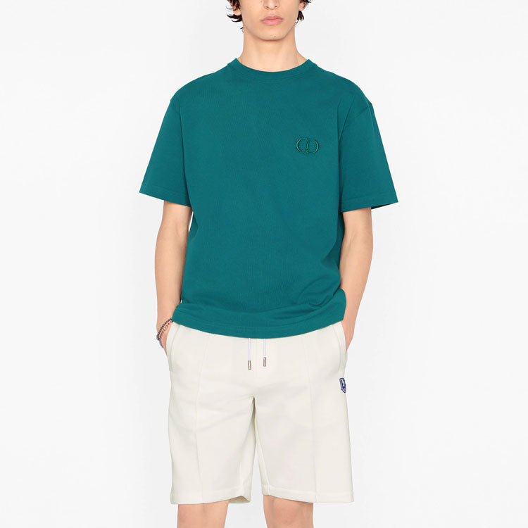 Men's DIOR SS21 Cotton Knit CD Embroidered Short Sleeve Green 943J605A0554-C632