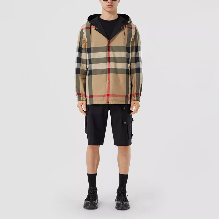 Men's Burberry Double Sided Classic Plaid Hooded Jacket Beige 80434031