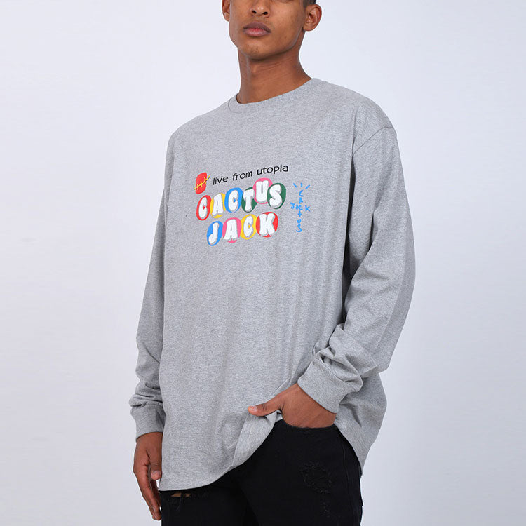 Travis Scott Cactus Jack x McDonald Crossover Chest Alphabet Printing Pattern Long Sleeves Unisex Gray TC-6