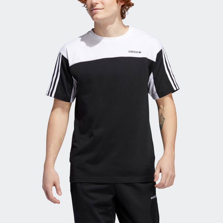 Men's adidas originals Casual Colorblock Sports Splicing Stripe Short Sleeve Black T-Shirt GD2071