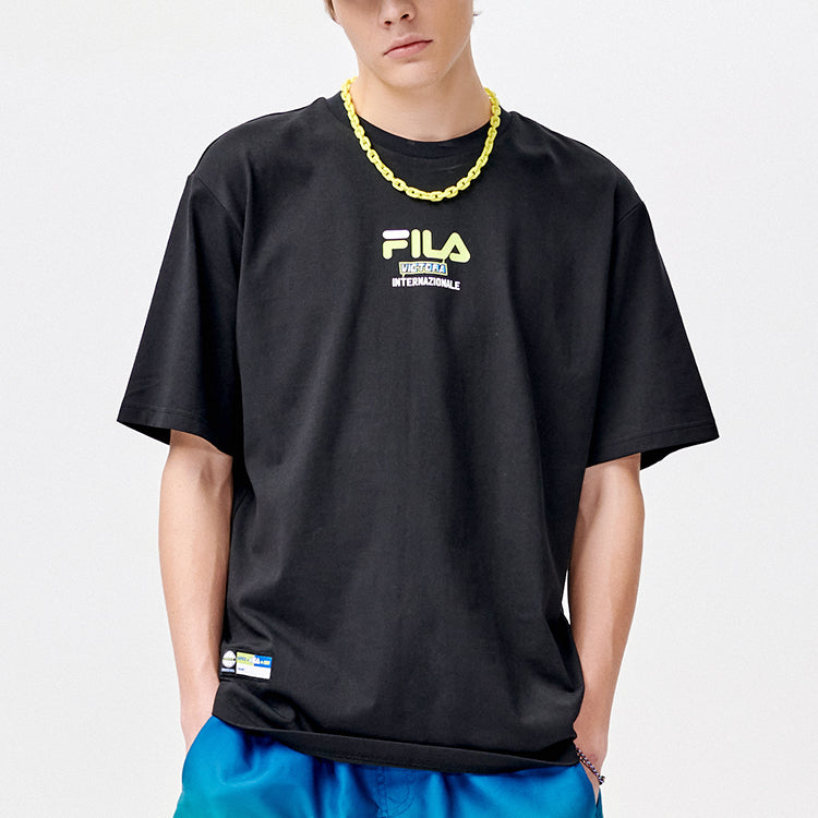 Men's FILA FUSION Basketball Printing Loose Sports Short Sleeve Dark Black T-Shirt T11M125107F-BK