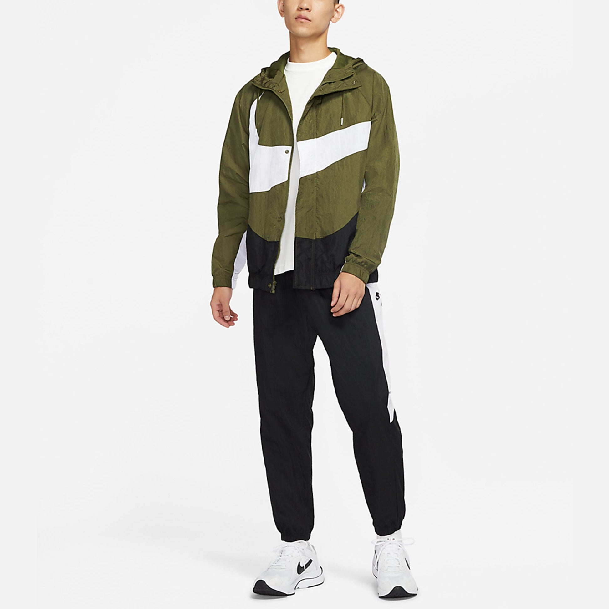 Men's Nike Sportswear Swoosh Large Logo Printing Hooded Woven Jacket Autumn Olive Green DD5968-326