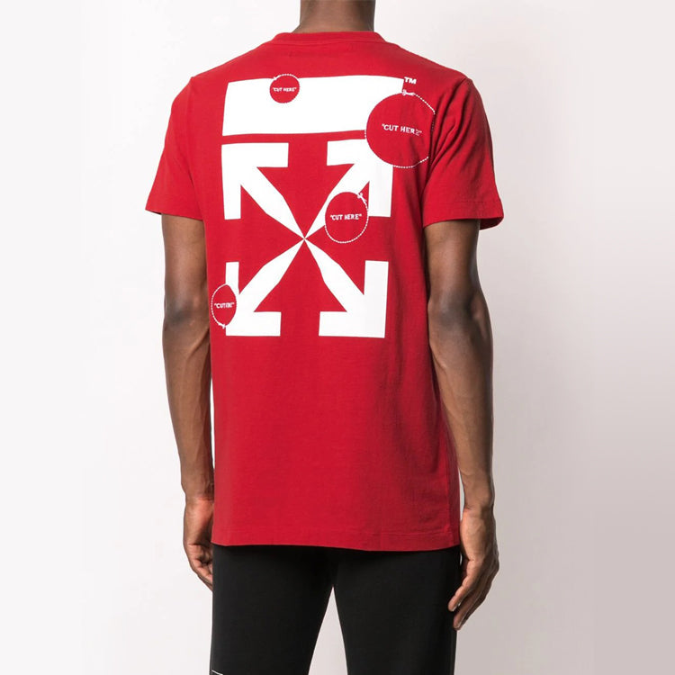 Men's Off-White Cut Here Printing Red T-Shirt OMAA027F20FAB0092501