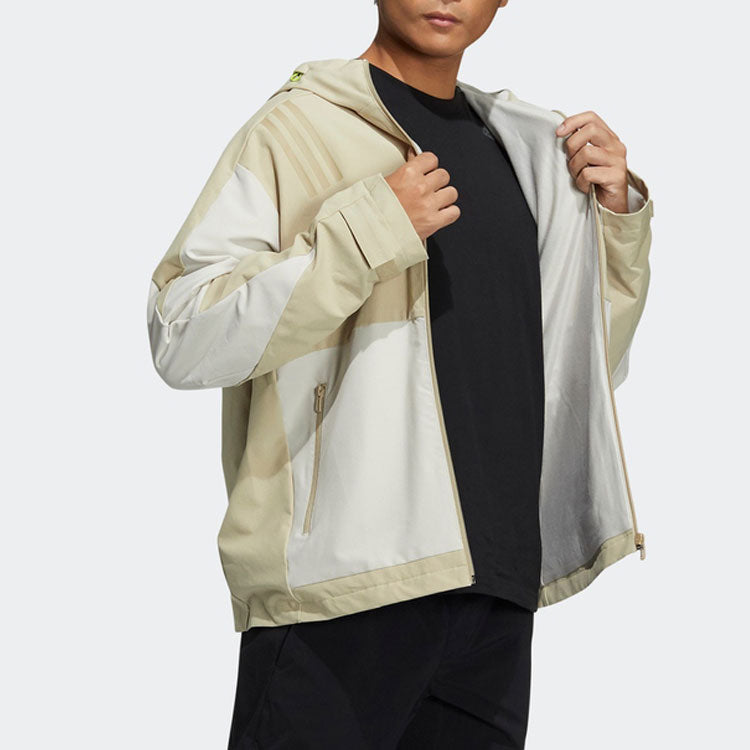 Men's adidas Splicing Side Pocket Zipper Hooded Jacket Beige H39270